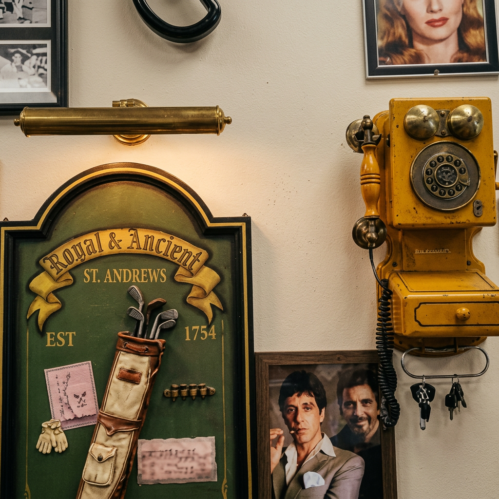 Vintage signage and rotary phone on the wall